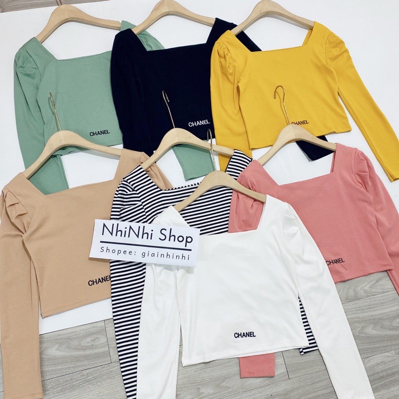 Áo phông thêu chữ CN, Áo thun cổ vuông bồng vai tay dài CS1167 - NhiNhiShop | BigBuy360 - bigbuy360.vn