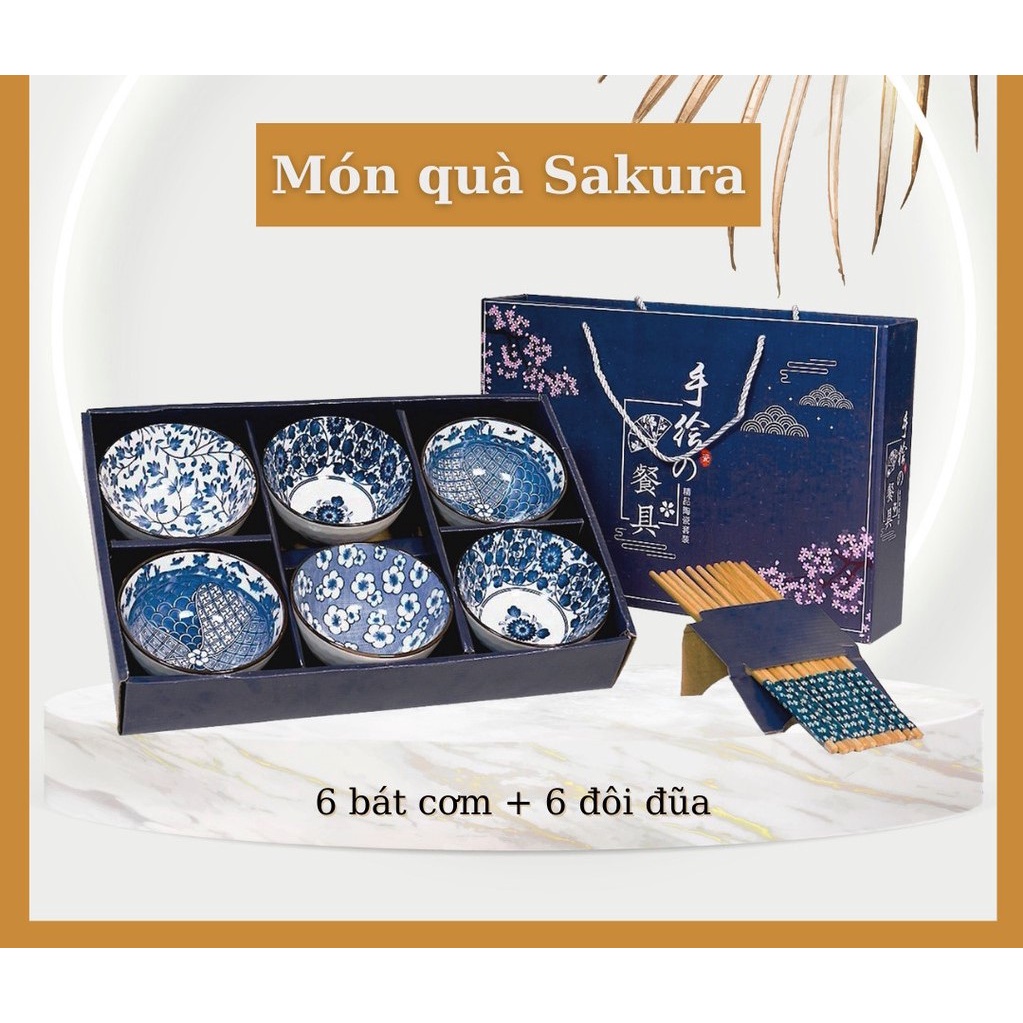 Bộ 6 chén/bát sứ và 6 đôi đũa ăn cơm cao cấp, họa tiết Sakura thiết kế theo phong cách Nhật Bản hoa văn đẹp mắt