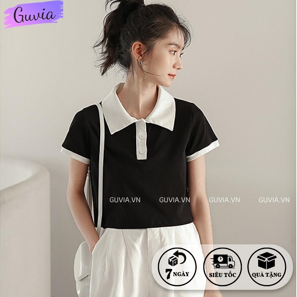 Áo Croptop CỔ POLO PHỐI Màu Đen Trắng Nữ, Áo Cổ Bẻ Tay Ngắn Đẹp GUVIA