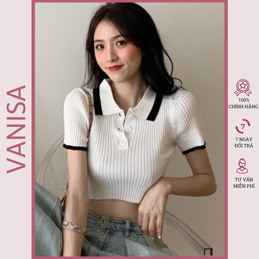 Áo croptop nữ polo cổ v tay ngắn kiểu ôm tay phồng trễ vai VANISA CT031