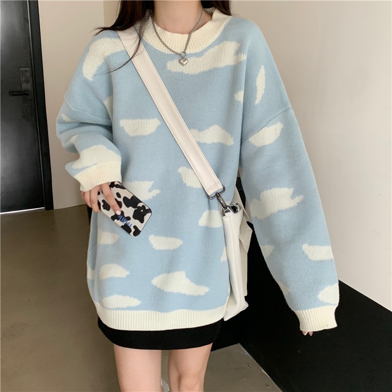 Áo Sweater Chui Đầu In Hình Đám Mây Kiểu Hàn Quốc Dễ Thương Cho Nữ