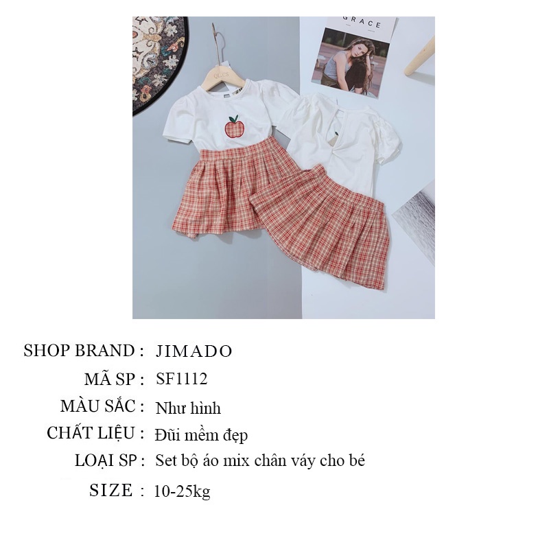 Đồ bộ trẻ em cho bé gái set áo trắng thêu hình táo mix chân váy kẻ JIMADO SF1112