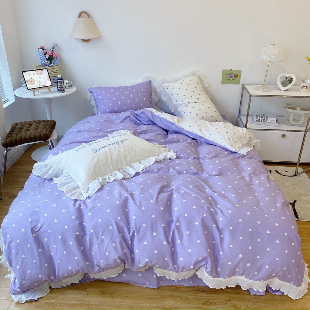 Bộ chăn ga gối Cotton 100% viền bèo - Tim Tím