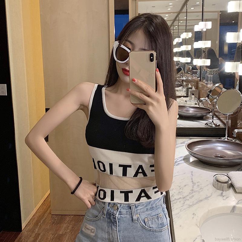 [Baywellfashion]Open Navel Mesh Splicing Knitted Camisole Sleeveless Top | BigBuy360 - bigbuy360.vn