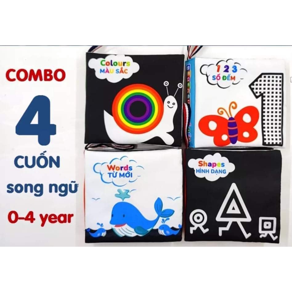 combo 4 cuốn sách vải  theo chủ đề tùy chọn tương tác kích thích thị giác cho bé từ sơ sinh