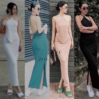 Set áo cổ yếm hở lưng kèm chân váy