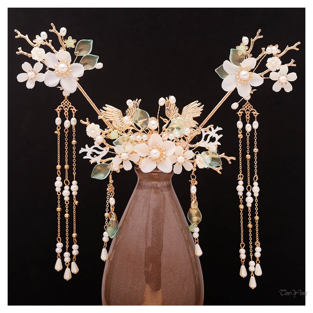 Trâm cài tóc GETNOIVAS hình vương miện phối tua rua phong cách Trung Hoa cổ điển cho cô dâu