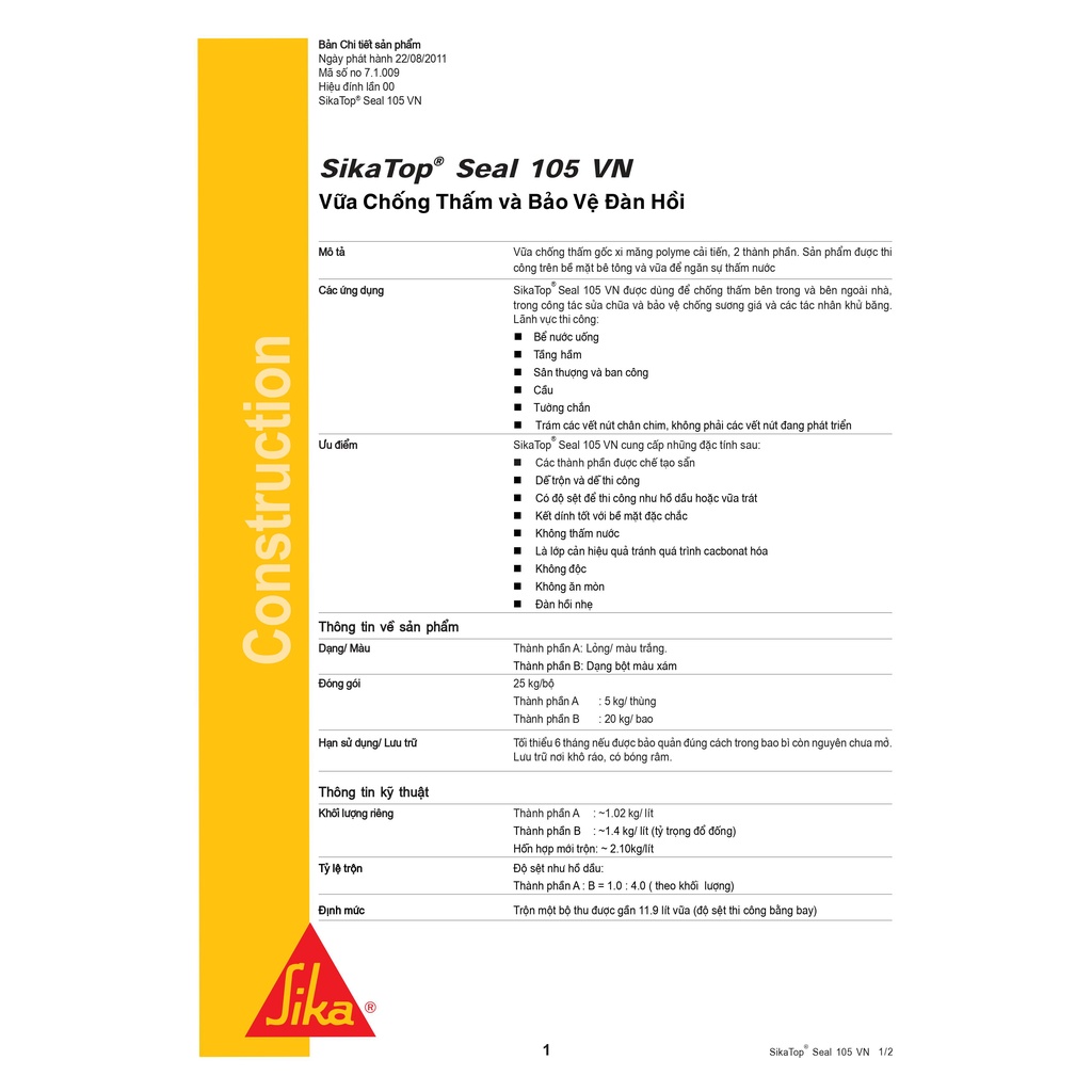Sika - Chống Thấm Nhà Vệ Sinh - SikaTop Seal 105  SIKA THẾ VŨ