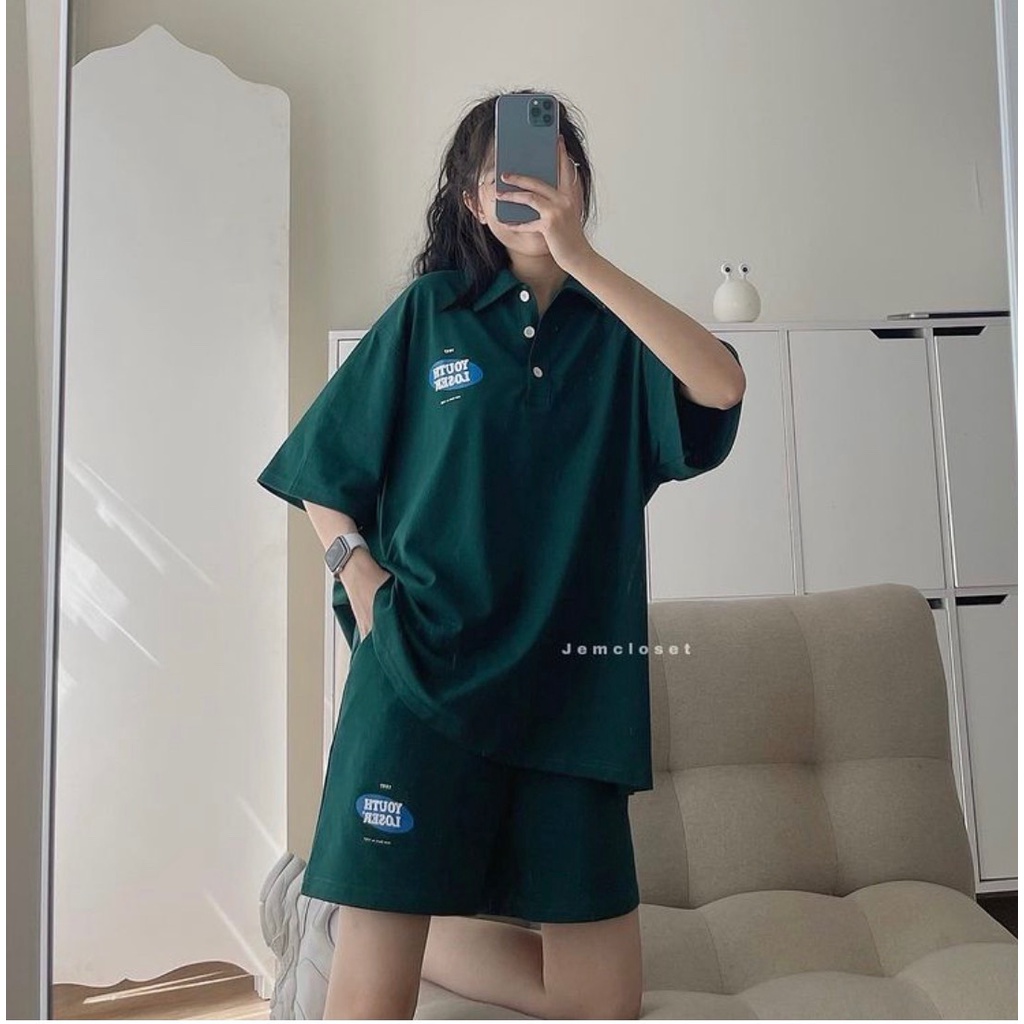 Set bộ áo polo tay lỡ logo kèm short đùi ống rộng unisex trẻ trung năng động