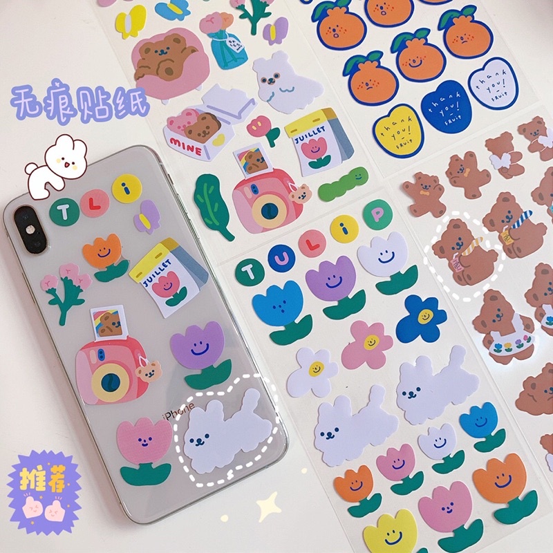 Sticker decal, hình dán trang trí sổ vở, ốp điện thoại gấu cún hoa
