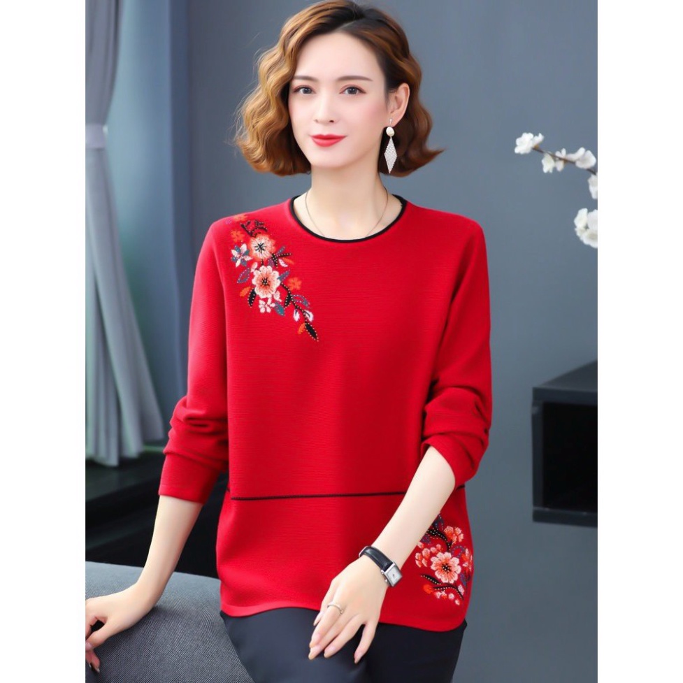 Áo trung niên nữ dài tay cao cấp - Áo thun nữ chất xneo dày dặn thêu hoa cực đẹp