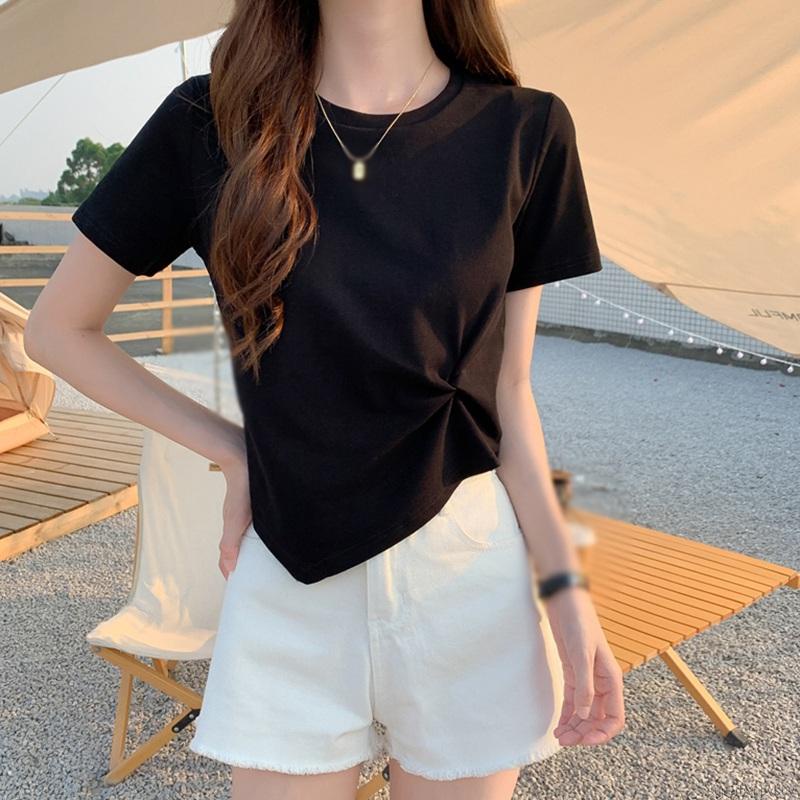 Áo thun tay ngắn cổ tròn màu trơn thiết kế lệch tà phong cách trẻ trung cho nữ