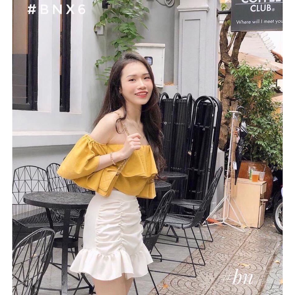 Áo croptop voan trễ vai tay xòe cánh tiên siêu cute TTSLA0247