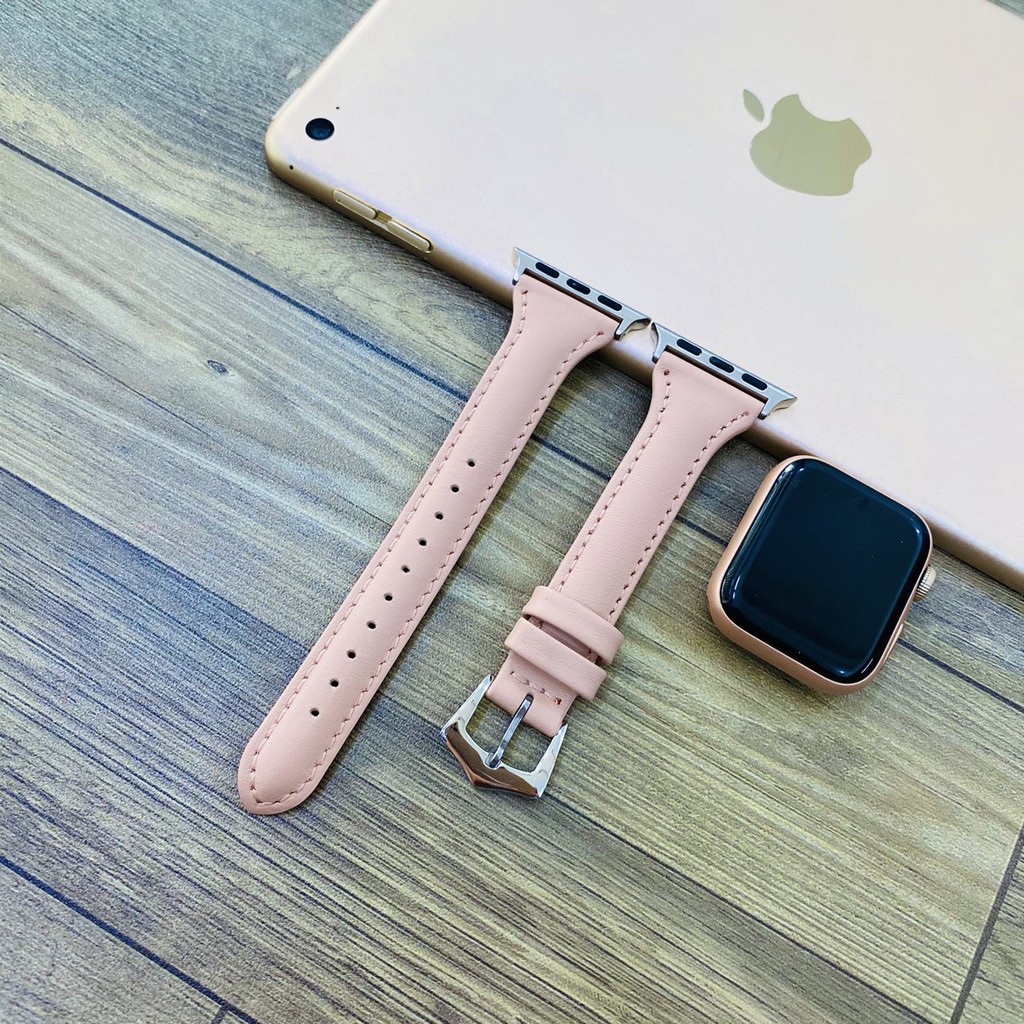 Dây da bản nhỏ màu hồng cực mới dành cho apple watch series 1/2/3/4/5/6/se