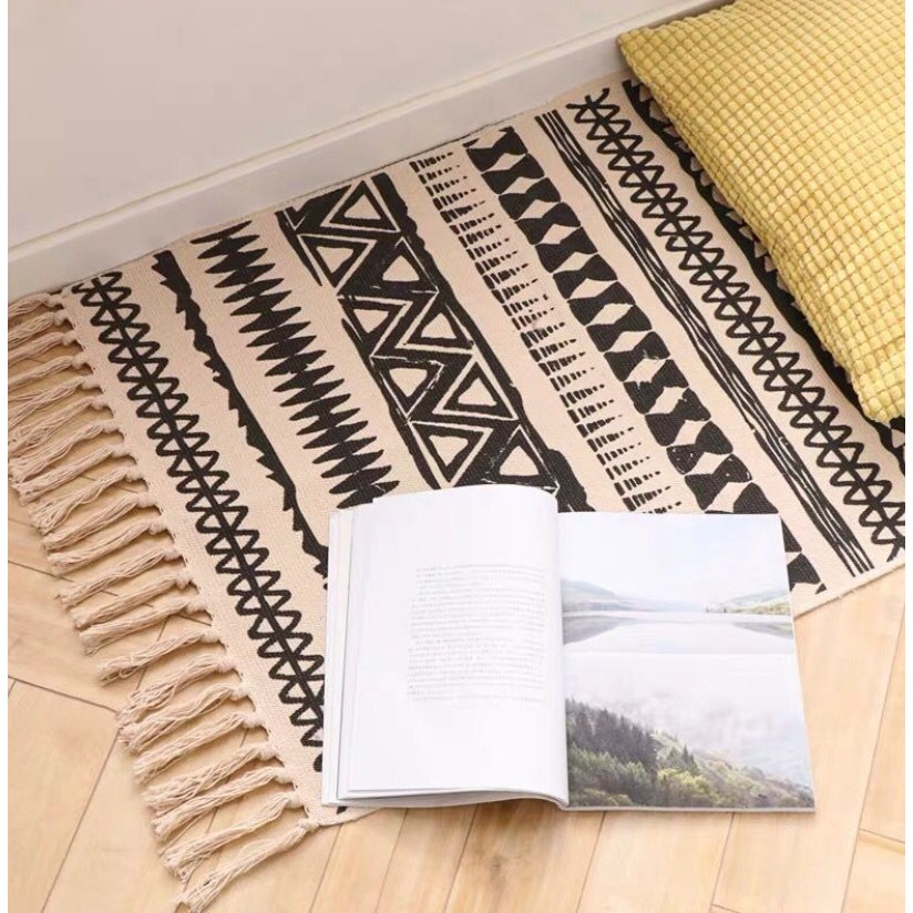 Thảm chùi chân tua rua decor phòng phong cách vintage 60x90cm màu đẹp