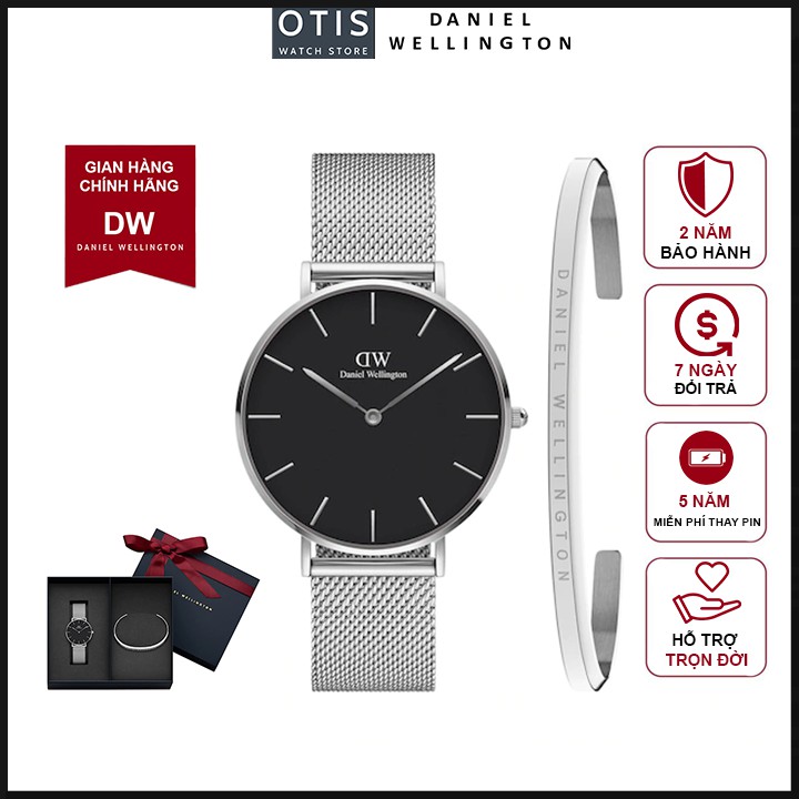 [𝐆𝐈𝐅𝐓 𝐒𝐄𝐓]Đồng Hồ Nữ Daniel Wellington Classic Petite Sterling Black & Vòng Tay DW Cuff Chính Hãng - OtisWatch