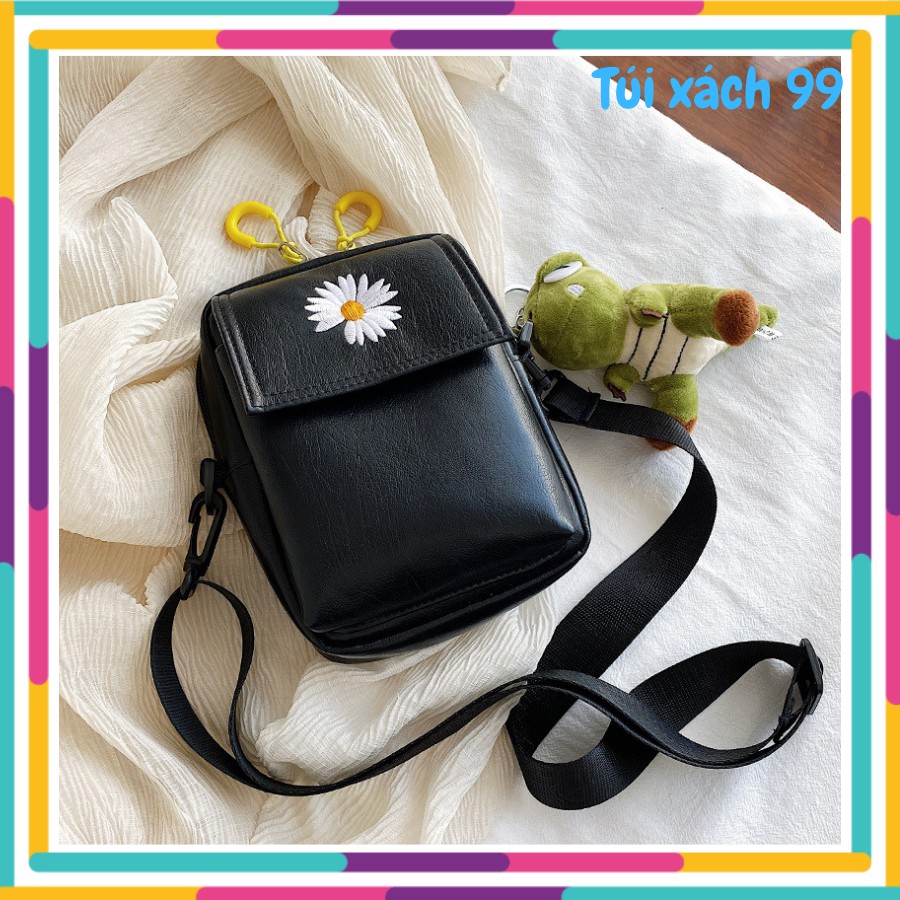 Túi Đeo Chéo Nữ, Túi  Da Mềm Thêu Họa Tiết Hoa Cúc Xinh Xắn ( Không Kèm Móc Thú Bông) HA4145