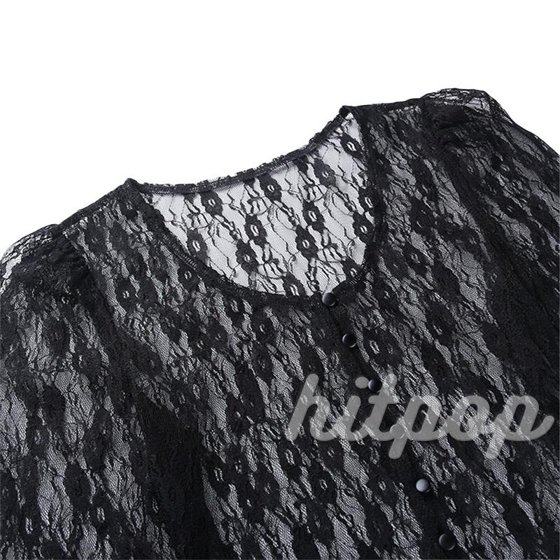 Áo croptop ren xuyên thấu tay dài cổ chữ V quyến rũ cho nữ