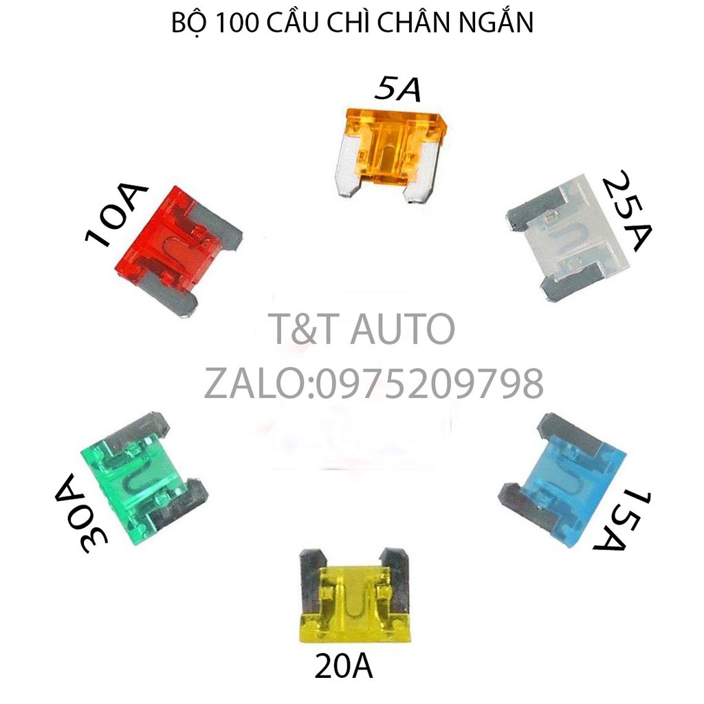 Bộ 100 cầu chì ô tô chân ngắn, cầu chì 12v cao cấp 1 hộp thập cẩm gồm các loại khác nhau  (5A, 10A,15A, 20A, 25A, 30A)