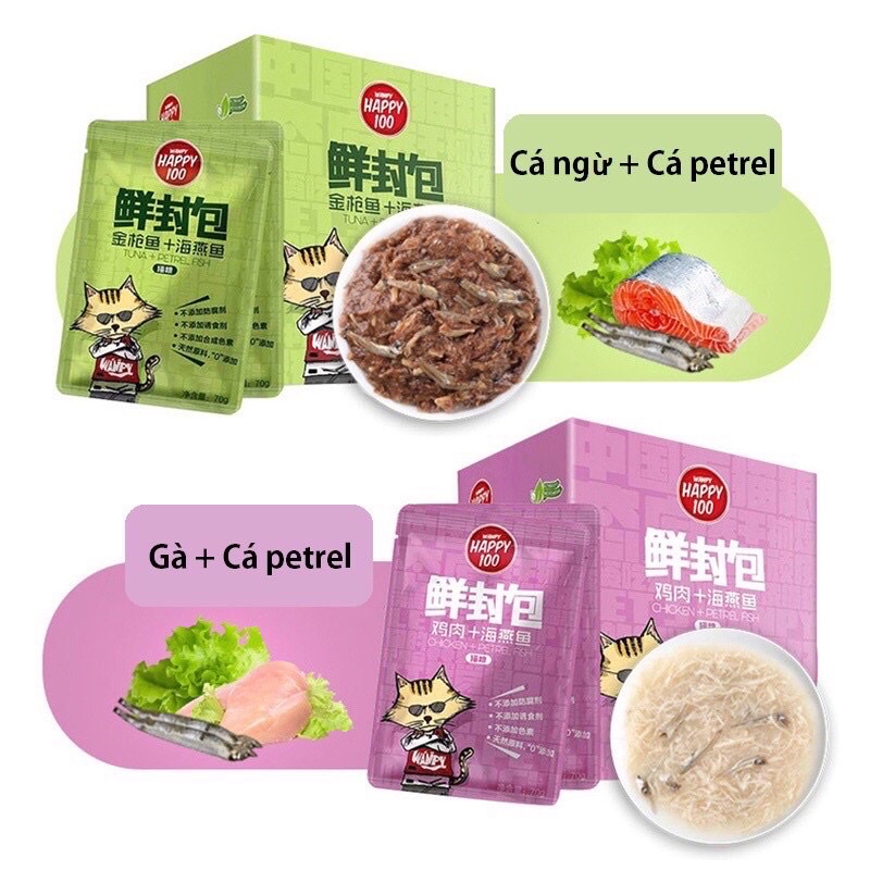 Pate Wanpy Happy 100 gói 70gr- Pate Cho Mèo Gồm 6 Vị Có Sợi Thịt Bên Trong - 100% Tự Nhiên