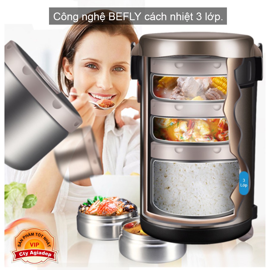 Hộp cơm giữ nhiệt siêu xịn Befly  Chân không 3 Lớp 12-24h - 2 Lít