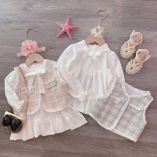 Set Váy Trắng Nơ Cổ Phối Gile Dạ Tweed Tiểu Thư Cho Bé Gái V169 - NamKidShop