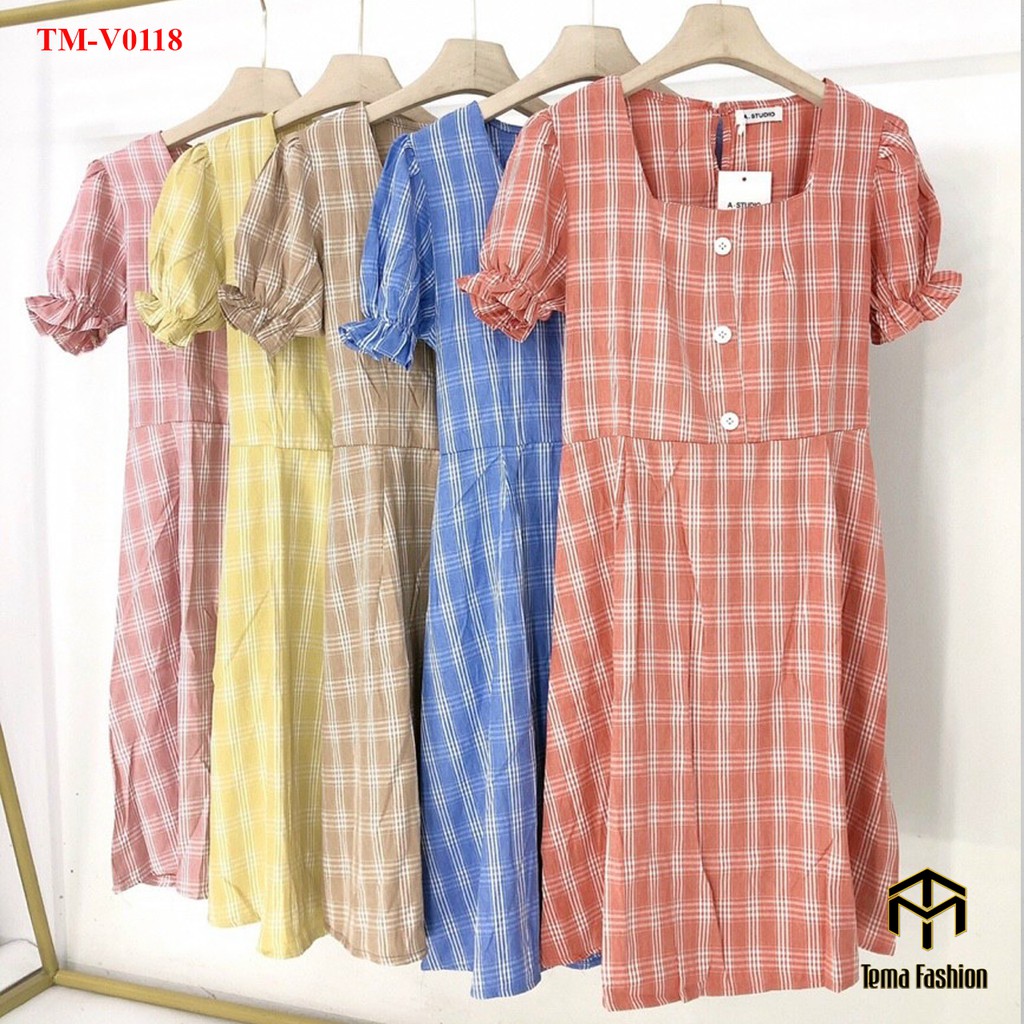 Váy suông nữ TEMA - Váy babydoll nữ chất cotton kẻ caro cổ vuông đính cúc siêu xinh