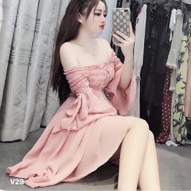 Đầm nhún tay cột nơ dáng xoè hình chụp thật trải sàn