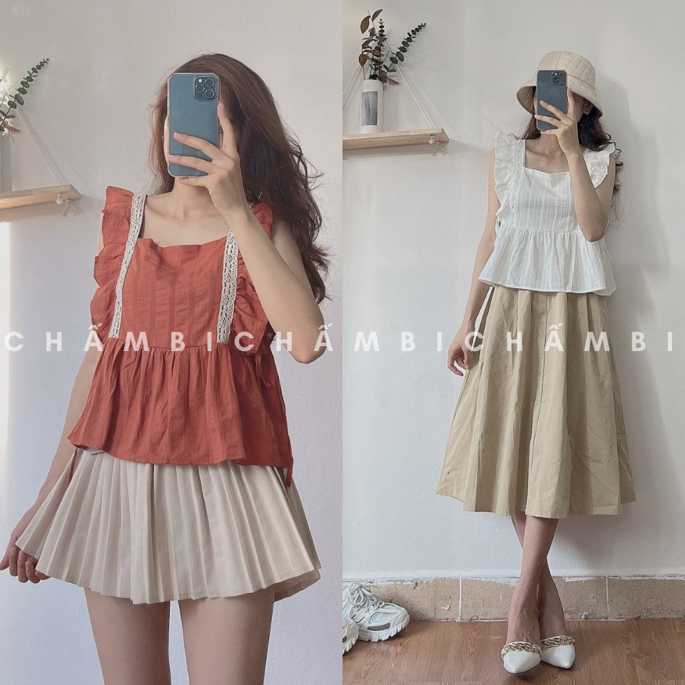 Áo croptop Hàn Quốc A.233, Áo hai dây cánh tiên viền ren dáng babydoll thắt nơ eo cực xinh