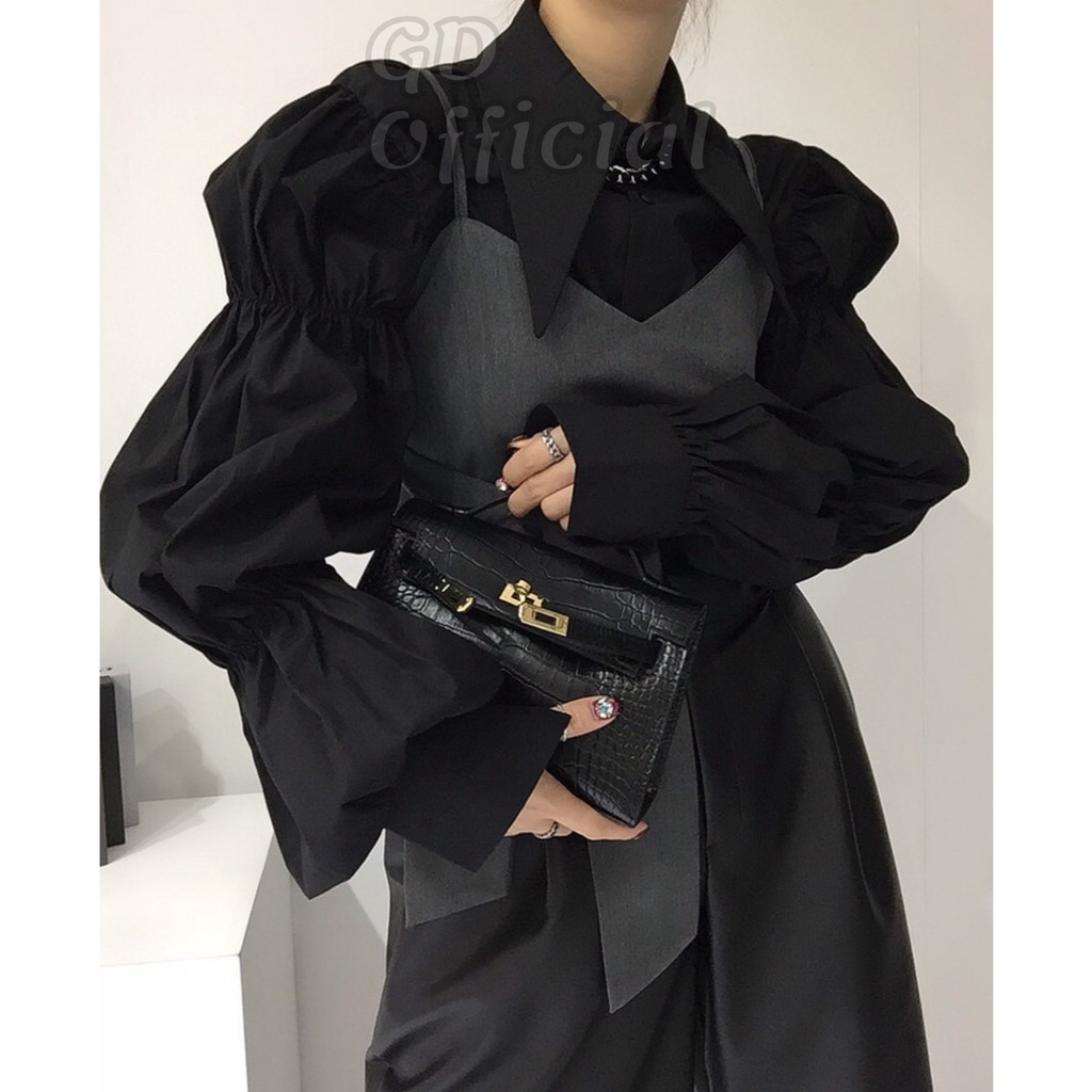 A81|Áo sơ mi nữ cotton công sở dài tay phồng suông rộng, croptop yếm hai dây thắt lưng cách địu xám, đen GD Official