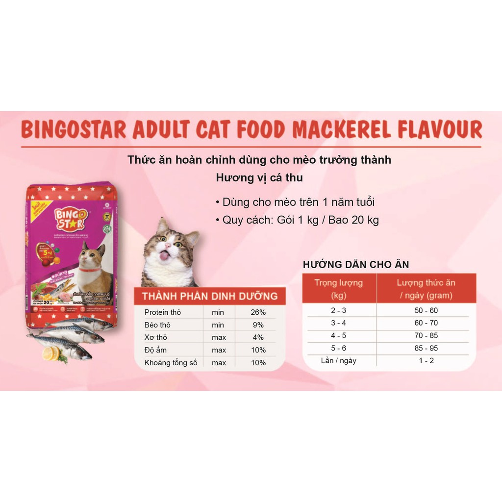 Thức ăn hạt cao cấp cho mèo BingoStar Adult Cat Food, Vị cá thu, Gói 1 kg