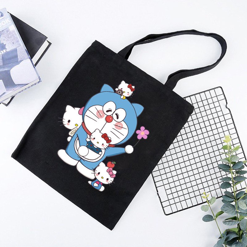 Túi tote vải đen đeo vai DORAEMON CUTE MÈO MÁY THÔNG MINH phong cách in hình anime chibi dễ thương thời trang