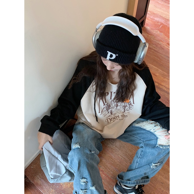 Áo Hoodie Dây Rút Tay Dài Dáng Rộng In Chữ Màu Khối Màu Sắc Phong Cách Hàn Quốc Dành Cho Bạn Nữ