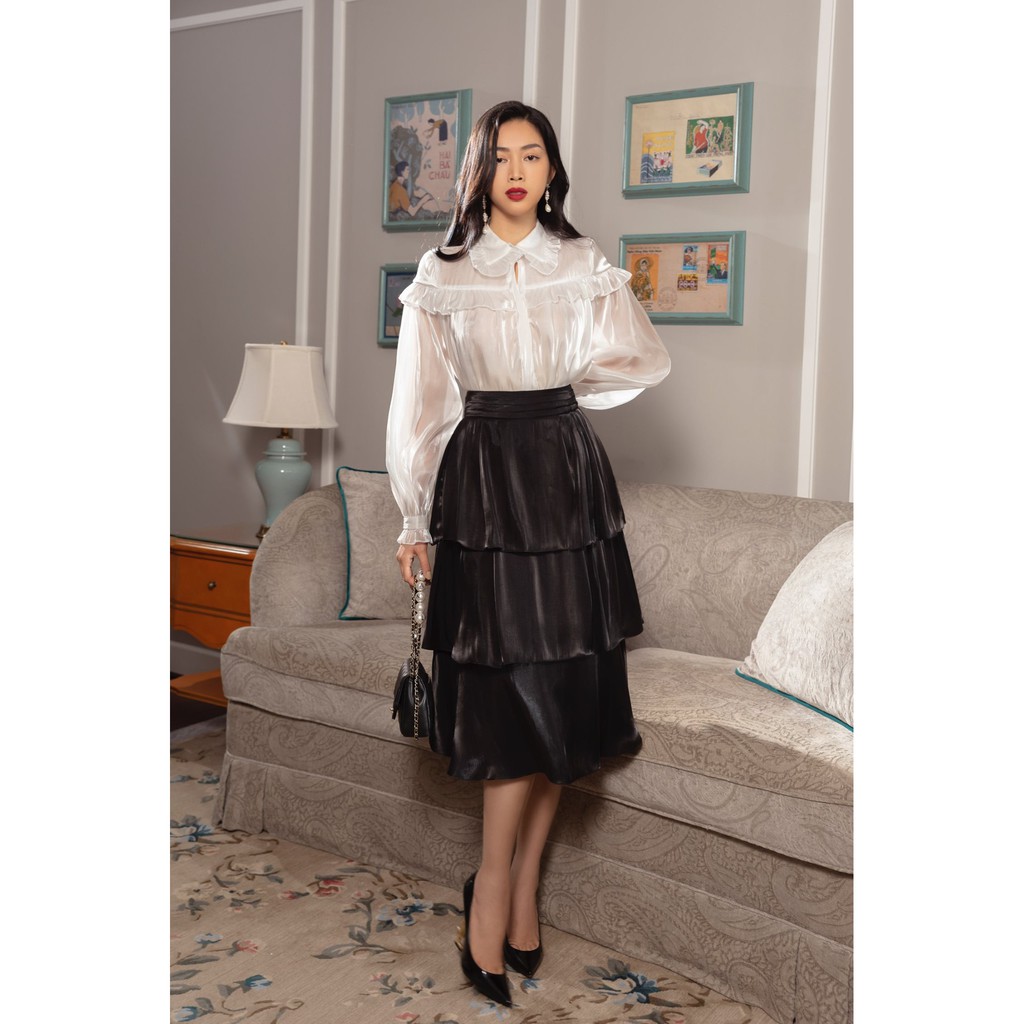 Chân váy lụa satin đen 3 tầng -HBZ321