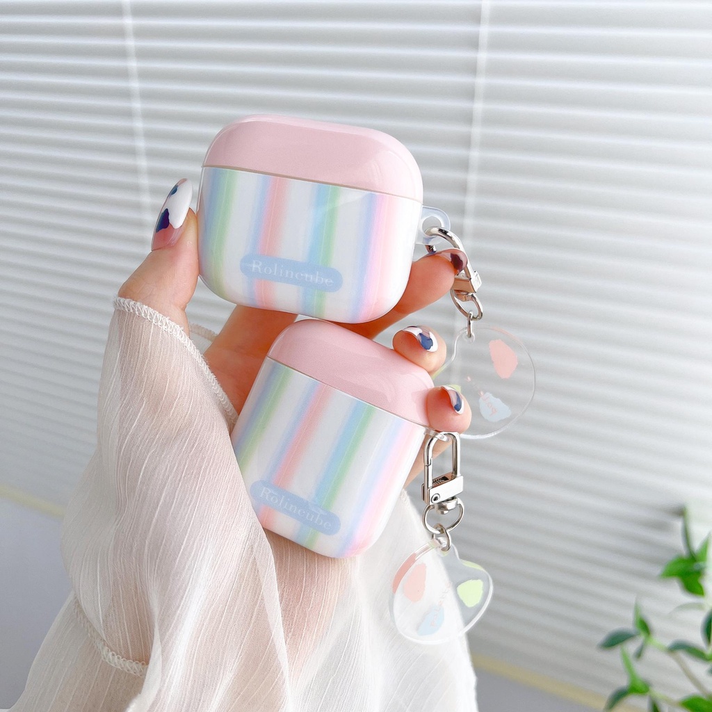 Vỏ Bảo Vệ Hộp Sạc Tai Nghe AirPods 1 2 pro 3 2021 Bằng Silicon Tpu Chống Sốc Họa Tiết Kẻ Sọc Màu Cầu Vồng Dễ Thương