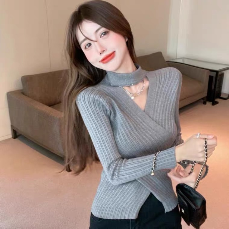 Áo croptop SUXI vải dệt kim tay dài màu trơn thời trang Hàn Quốc