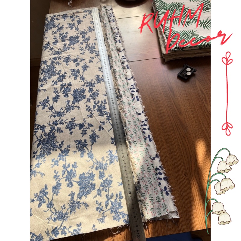 Vải canvas trải bàn, may túi rèm, chụp ảnh sản phẩm họa tiết Hoa vintage xanh blue V-B01