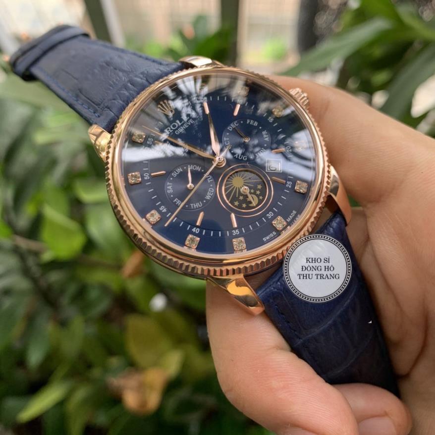 Đồng hồ Nam Rolex máy nhật, mẫu 6kim đính đá, mặt xanh viền vàng, dây da, dòng cơ Automatic size 40mm-41mm