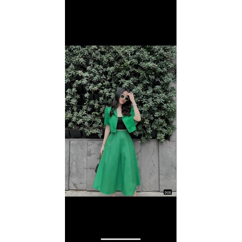 (Free Ship) SÉT ÁO VEST CHÂN VÁY 2 MÓN XANH LÁ CUỐN HÚT SIU XINH