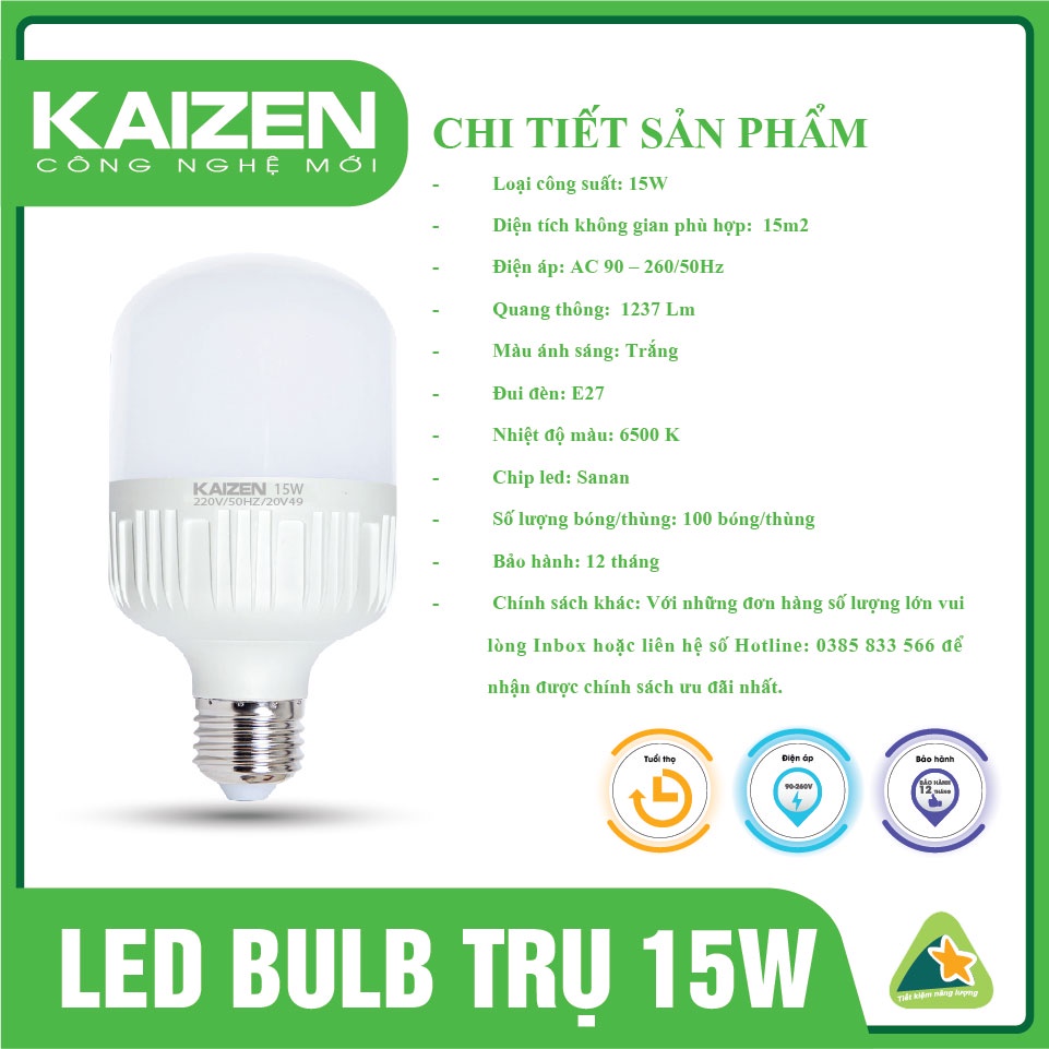 Bóng Đèn Led Trụ Nhựa KAIZEN Siêu Tiết Kiệm Điện Năng, Led Trụ Công Suất Nhỏ