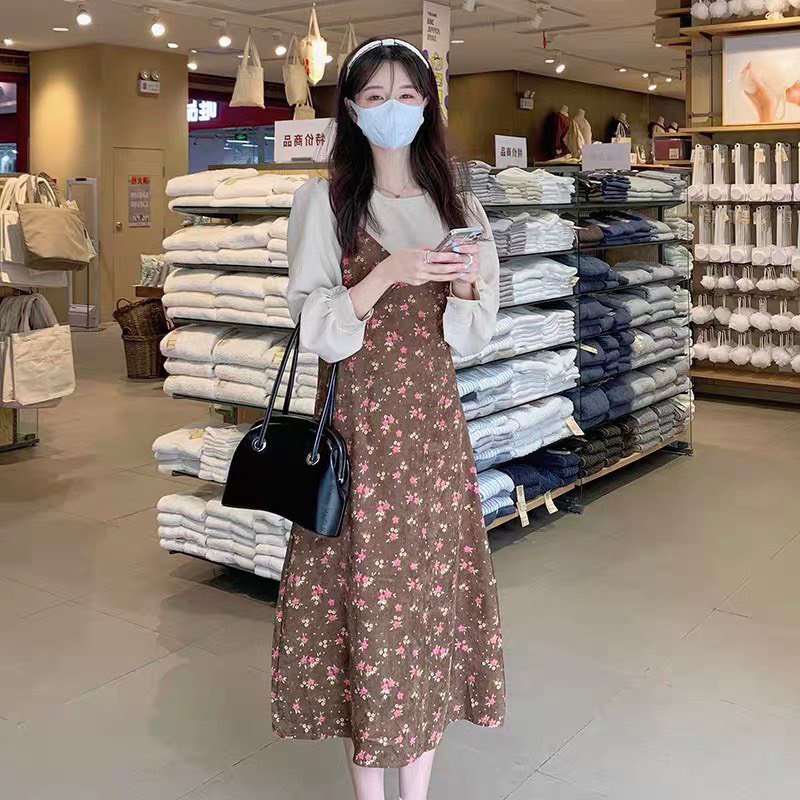 sét nhung nữ, váy nhung hoa nhí kèm áo tay bồng thiết kế tiểu thư nhẹ nhàn đậm chất vintage chất nhung đầy dặn mặc ấm