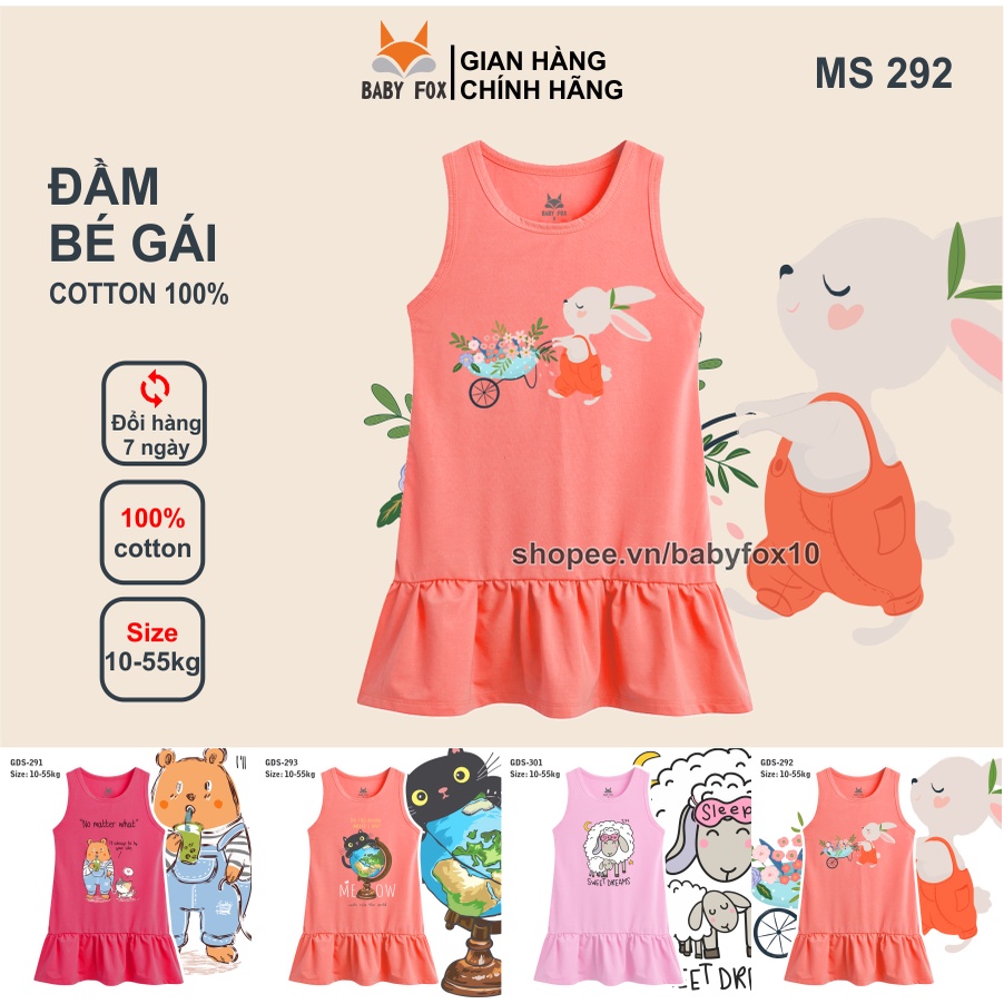 Đầm bé gái size nhỏ, trung, đại 100% cotton cao cấp, thương hiệu BABY FOX, hình mèo, thỏ đáng yêu g