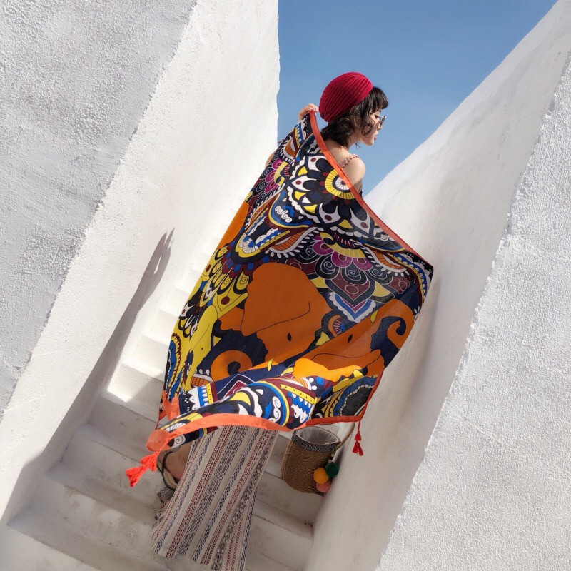 Khăn choàng thổ cẩm đi biển họa tiết boho nhiều màu - Mã LN036