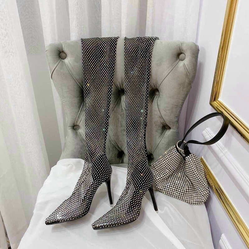 (hình thật) boot đùi lưới đính đá siêu sang chảnh