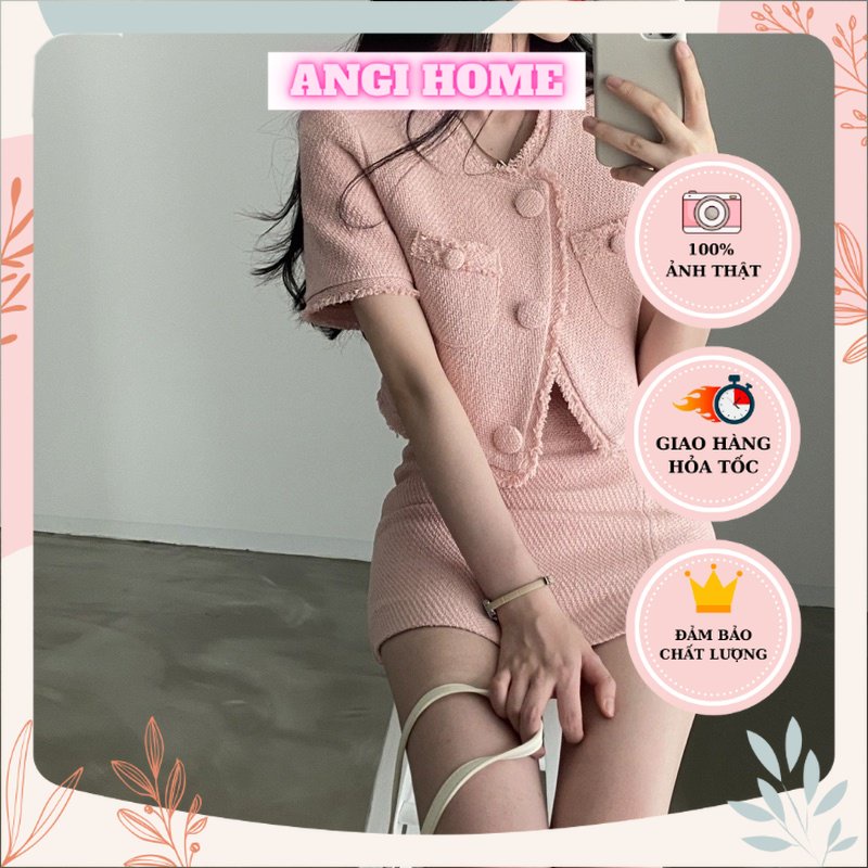 SET ÁO DẠ CROPTOP HỒNG ĐÀO + CHÂN VÁY LÓT QUẦN ANGI HOME
