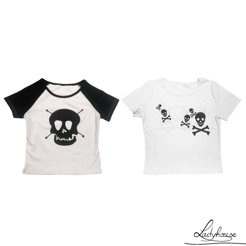 Áo Thun T-shirt Tay Ngắn Cổ Tròn In Hình Đầu Lâu Màu Sắc Tương Phản Phong Cách Punk Dành Cho Nữ