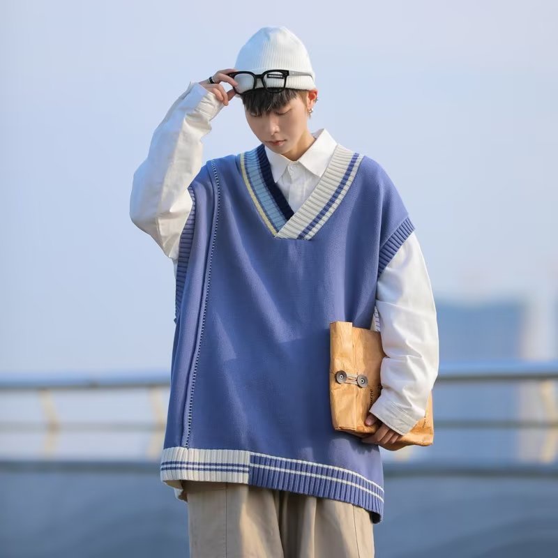 Áo Sweater Dệt Kim Sát Nách Dáng Rộng Kẻ Sọc Cổ V Kiểu Hàn Quốc Cá Tính Cho Các Cặp Đôi