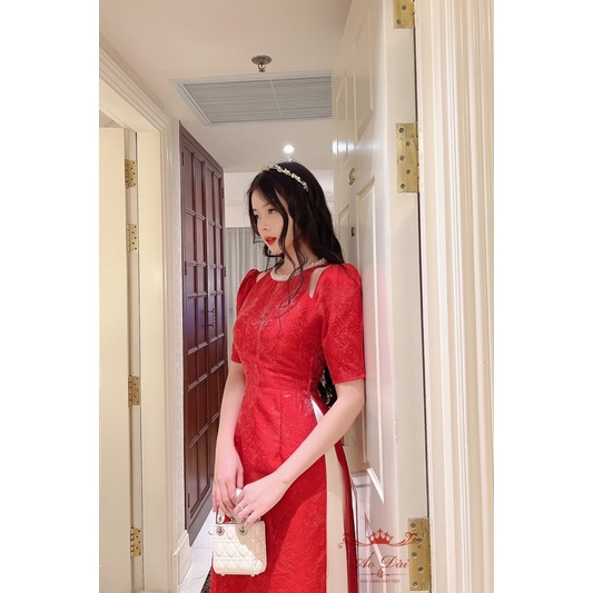 Áo dài cách tân gấm dệt cao cấp 3 màu đỏ vàng kem áo dài thiết kế đi tiệc cho chị em mùa thu đông 2022