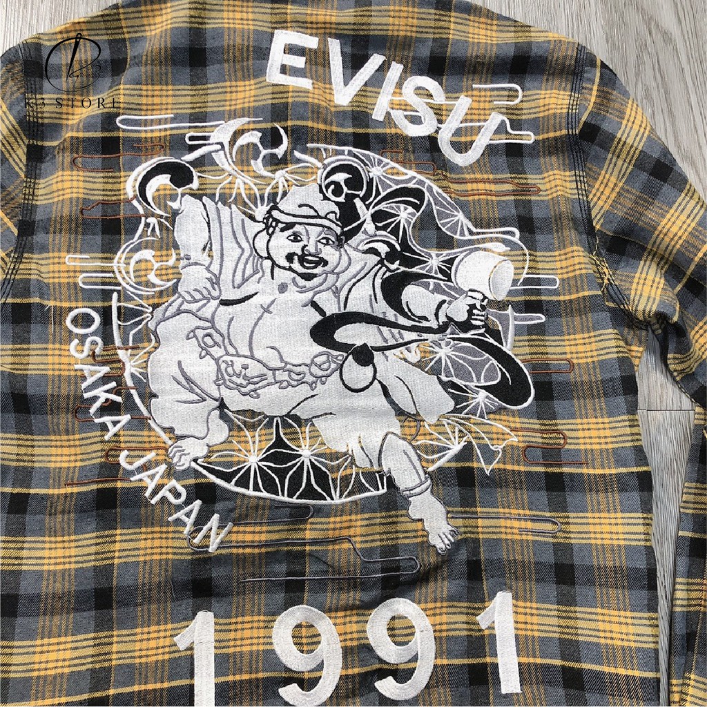 Áo thêu chữ sơ mi nam evisu thêu ông địa chỉ nổi chất kaki sơ mi caro sọc vàng đen dày dặn K3 STORE | BigBuy360 - bigbuy360.vn