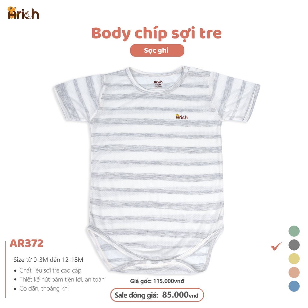 Bộ body chíp cộc tay vải sợi tre phối sọc Arich, sơ sinh  đến 18 tháng
